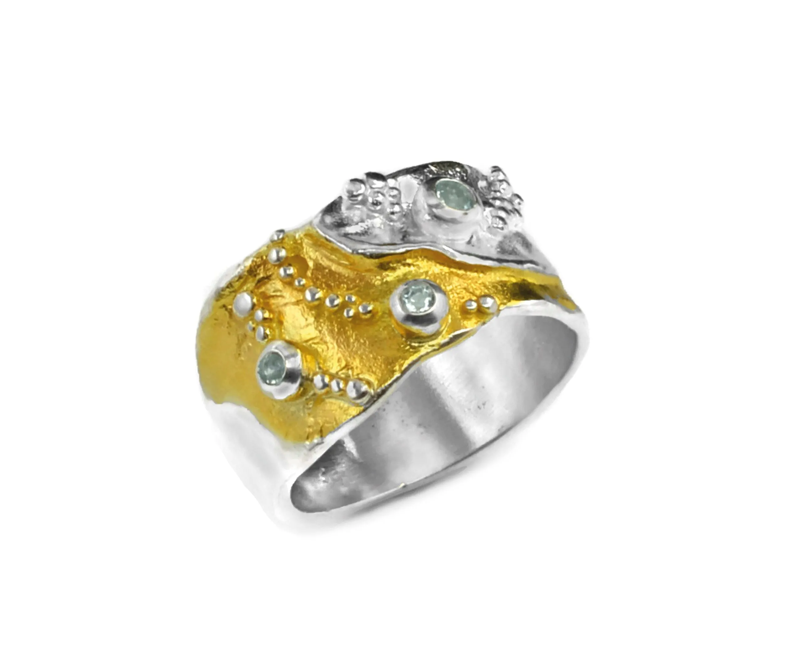 Anello in argento e placcato oro argentato con topazio celeste, misura 57