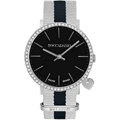 Orologio donna con quadrante nero, charm laterale e cinturino in nylon Boccadamo