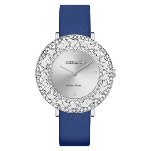 Orologio silver con cristalli e cinturino in vera pelle blu Boccadamo