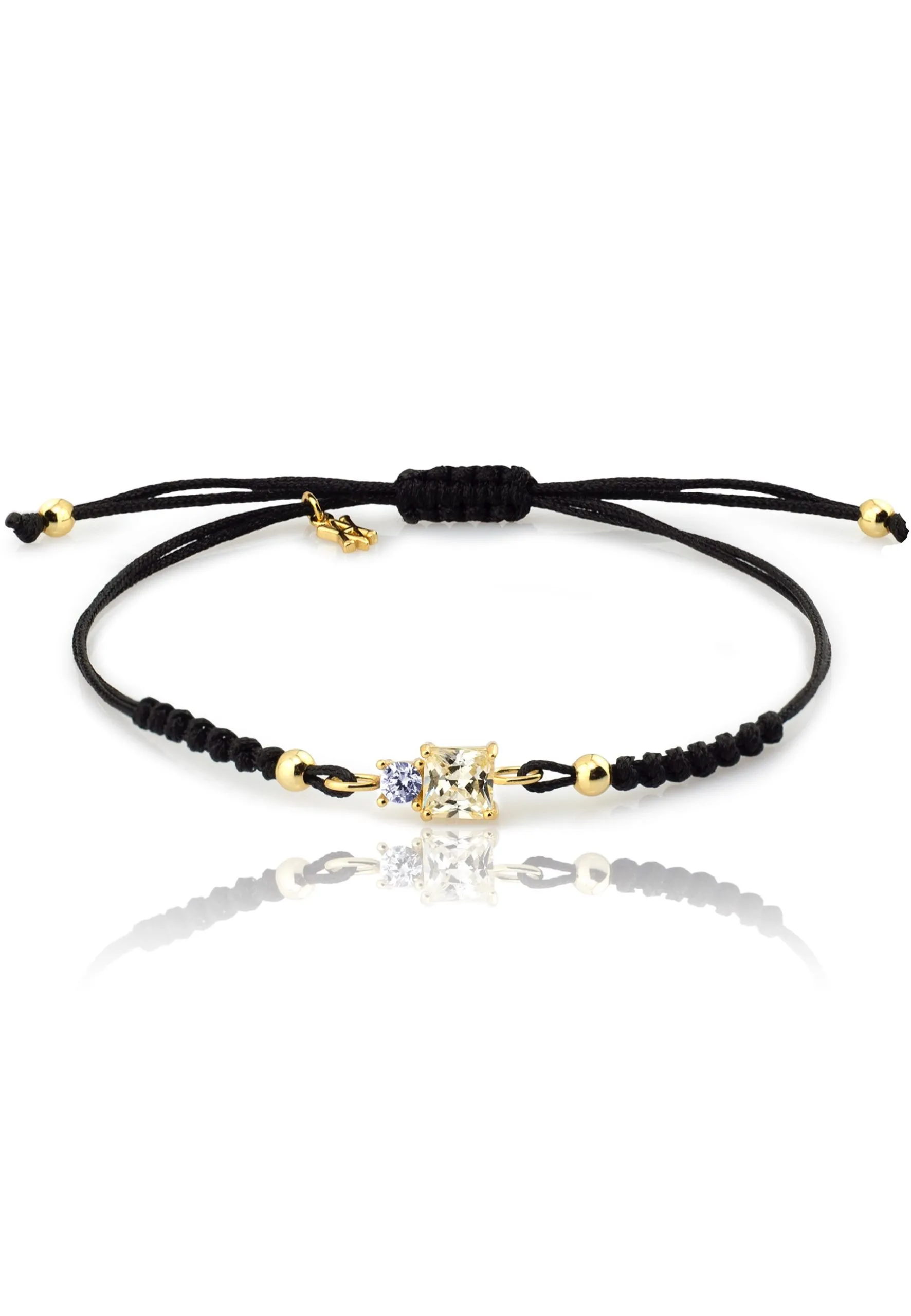 Pulsera de hilo negro LAVANDA GLD. Plata de ley, zirconita, baño oro.