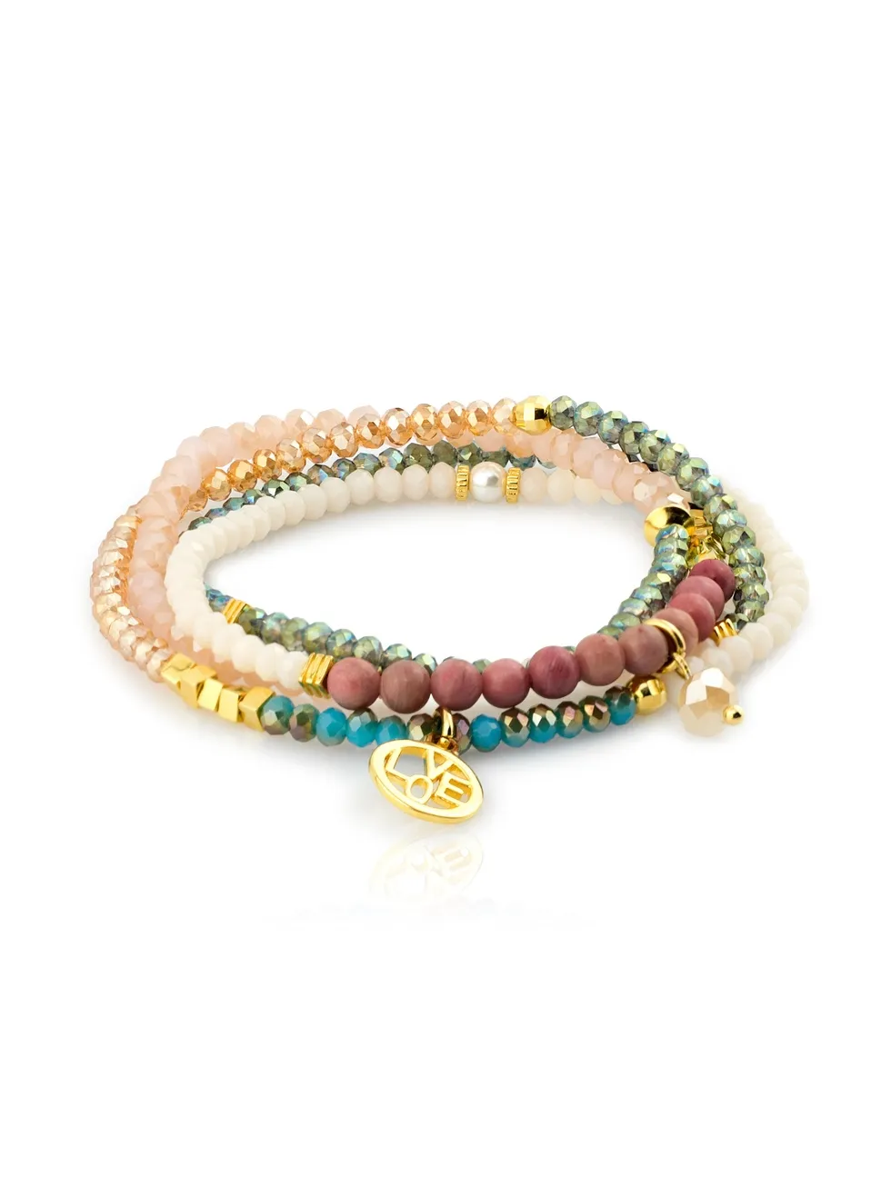 BEADED GLD. Pulsera plata de ley, piedras naturales, baño oro, elástica.