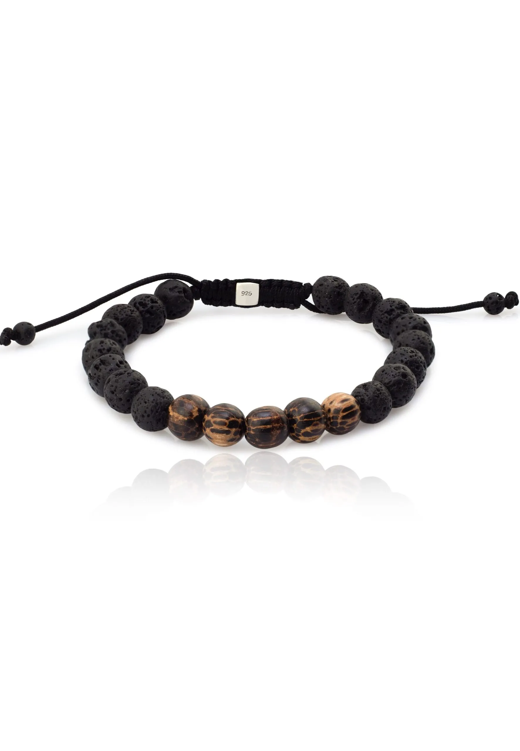 THE ROCK. Pulsera hombre, piedra volcánica, madera, plat de ley.