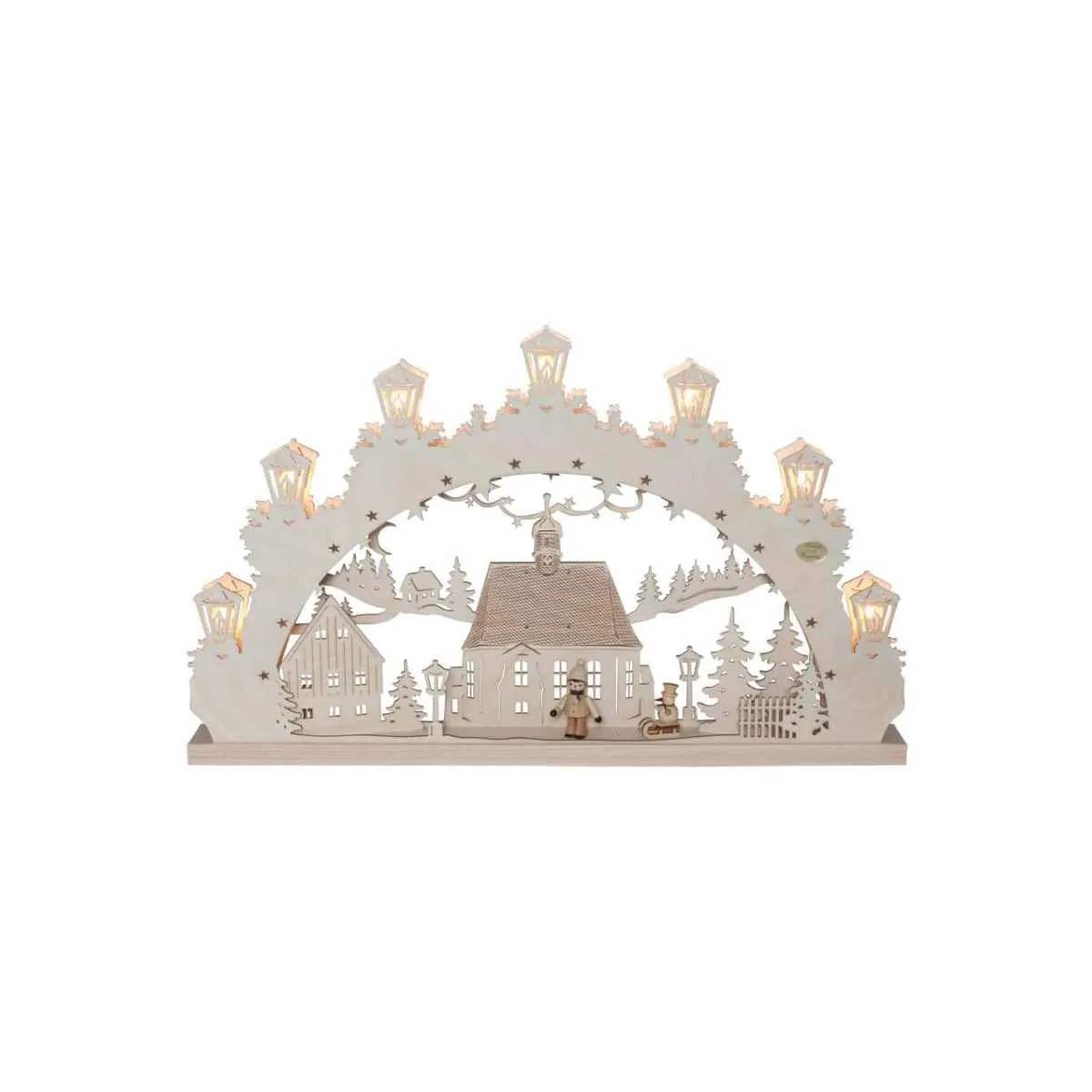 Weihnachtsleuchter Motiv Winterstadt beleuchtet 7 x E10 3W Holz natur