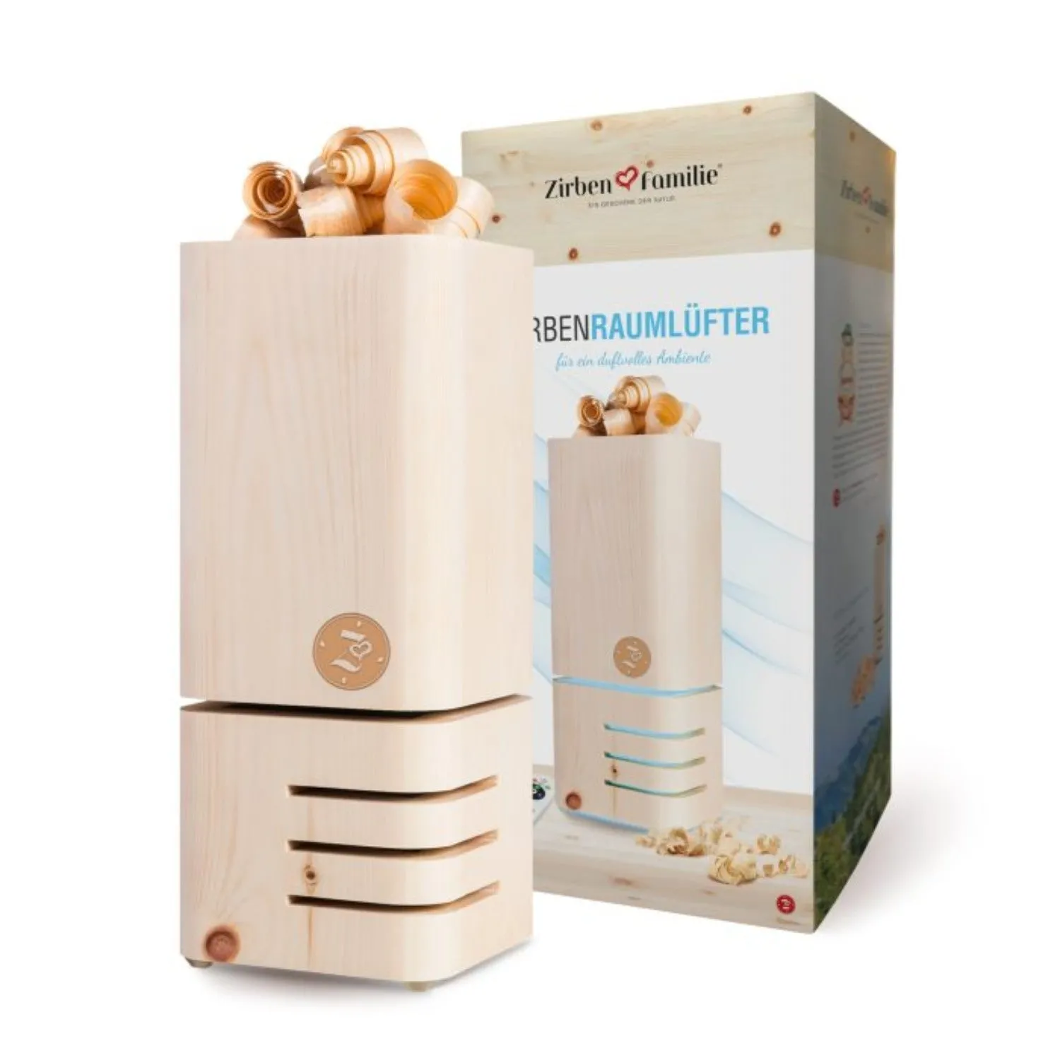 ZirbenRaumlüfter inkl. 10ml ZirbenÖl | L 14 x B 14 x H 34 cm | Made in Austria